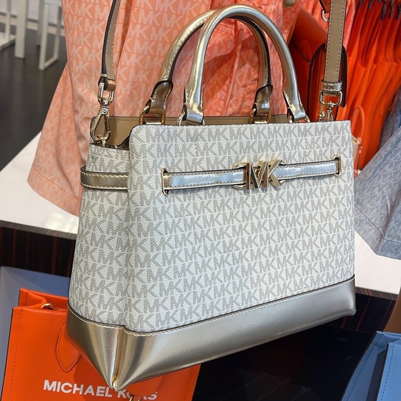 MICHAEL KORS 
Reed Large CZ Graphic Logo Belted Satchel
Vanilla /Pale Gold 
NWT - Picture 3 of 16